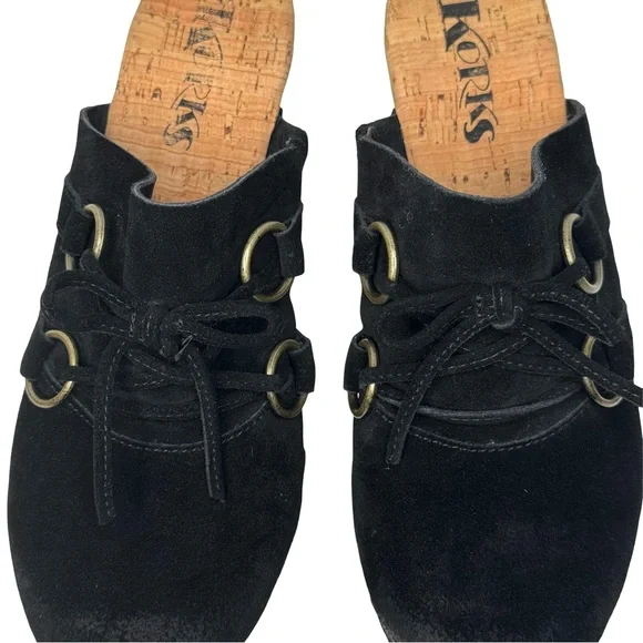 KORKS Woodley Black Suede Studded Clogs Mules with Wooden Heel Size 8M - Picture 6 of 13